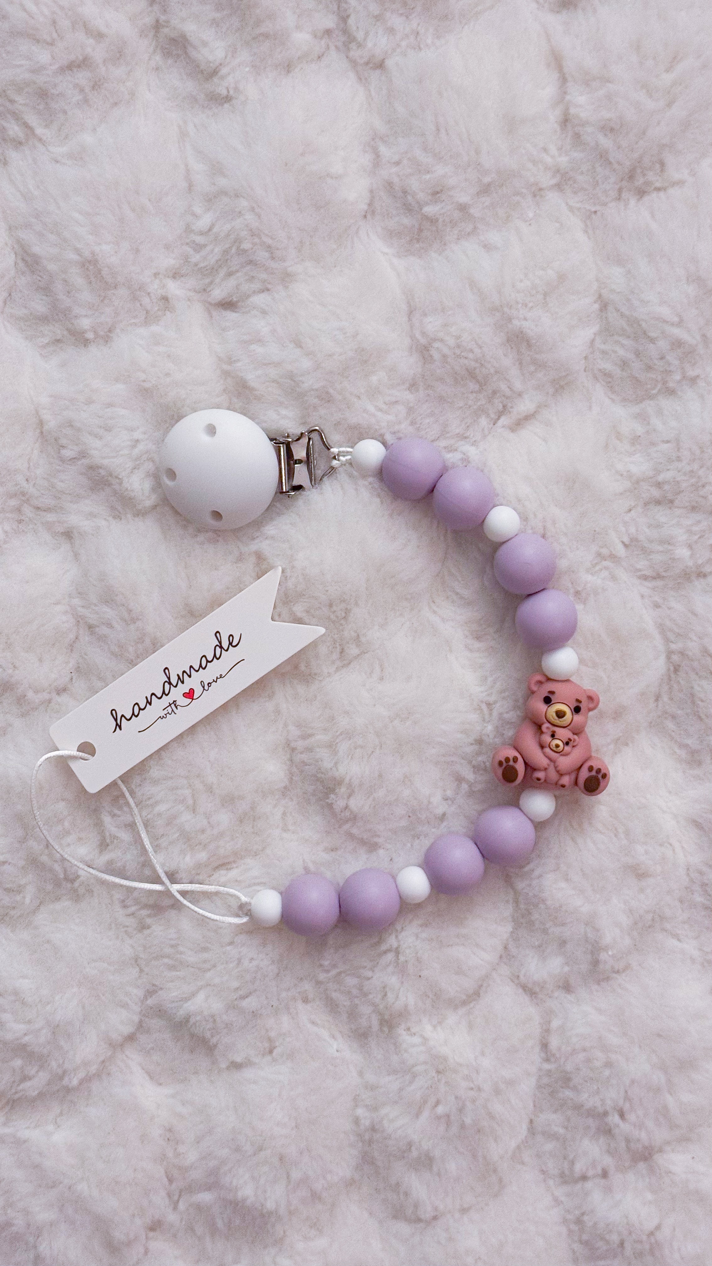 Outseam Pacifier Clip Teddy Bears in Pink — handmade pacifier holder